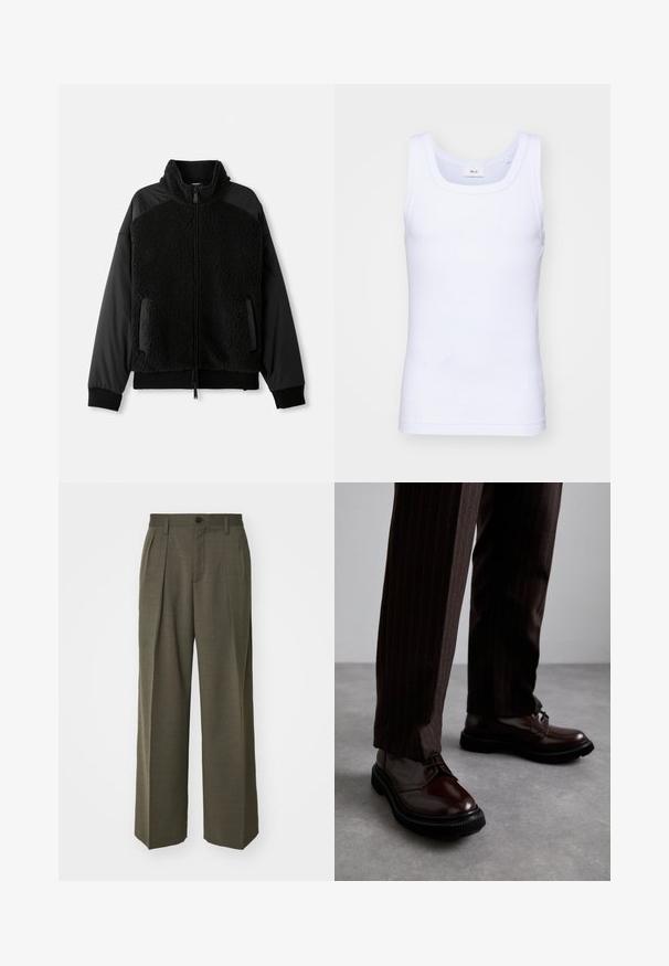 Zwarte jas met een ritssluiting aan de voorkant, met een fuzzy textuur op het lichaam en een gladde stof op de mouwen, voorzien van zijzakken en een kraag.; Witte katoenen mouwloze tanktop met een ronde halslijn, met een gladde textuur en een aansluitende pasvorm, ontworpen voor casual gebruik.; Filippa K WIDE TROUSERS - Broek - driftwood; Bruine leren veterschoenen met een glanzende afwerking, zwarte rubberen zool en subtiele stiksels. Draag ze met bruin gestreepte broek.