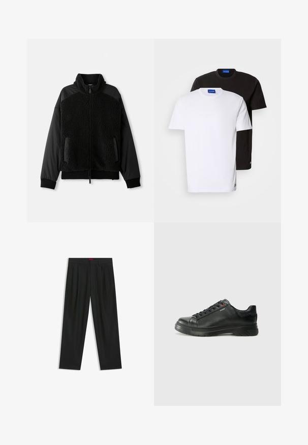 Zwarte jas met een ritssluiting aan de voorkant, met een fuzzy textuur op het lichaam en een gladde stof op de mouwen, voorzien van zijzakken en een kraag.; Twee T-shirts gestapeld: één witte en één zwarte. Korte mouwen, ronde halslijnen, van katoen. Heeft een klein blauw logo op de halslijn.; Zwarte broek met een geplooid ontwerp, wijde pijpen en een zachte textuur. Voorzien van een rode taillebandlabel.; Zwarte leren sneaker met een gestructureerde bovenkant, gevoerde kraag en rode logo-details. Heeft een dikke rubberen zool met een opvallend loopvlakpatroon.