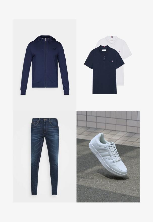 Sötétkék cipzáros kapucnis pulóver puha anyagból. Húzózsinórral ellátott kapucnival, hosszú ujjakkal és két oldalsó zsebbel rendelkezik; egy kis logóval is kiegészítve.; Két pólóing: az egyik sötétkék, a másik fehér, mindkettőn kicsi piros, fehér és kék díszítés található a mellzsebből és a galléron.; Sötétkék farmernadrág, testhezálló fazonnal, finom áttűnéssel, öt zsebbel és fémből készült gombzárral. Kontrasztos színű varrási díszítések.; Fehér sportcipő sima bőr felsőrésszel, fűzős elülettel, perforált orral és mintázott talppal. Minimalista dizájn három oldalsávval.
