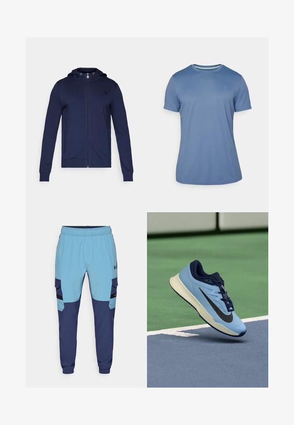 Sudadera con cremallera de color azul marino, fabricada en un tejido suave. Cuenta con una capucha ajustable, mangas largas y dos bolsillos laterales; incluye un pequeño acento de logo.; Camiseta de manga corta en azul claro, confeccionada en una tela suave. Presenta un escote redondo con un ribete interior en contraste y un pequeño detalle del logo.; Pantalones de chándal azul y marino con una cinturilla elástica, bolsillos laterales y detalles de estilo cargo. Fabricados con un tejido suave y transpirable.; Zapatilla deportiva azul claro con acentos en azul marino, parte superior de malla texturada y logo Swoosh negro. Cuenta con una entresuela acolchada y suela de goma.