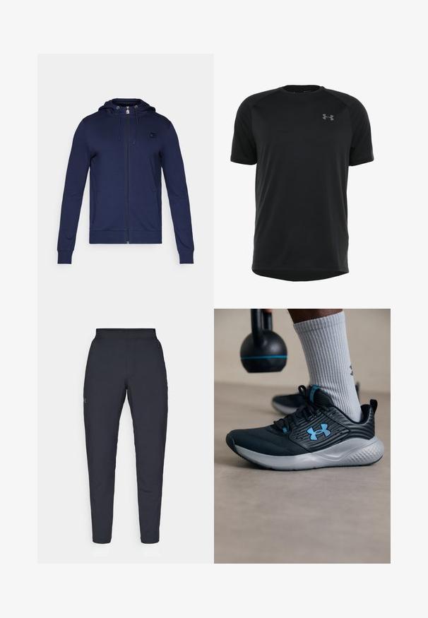 Marineblå hettegenser med glidelås laget av mykt stoff. Har snorhette, lange ermer og to sidelommer; inkluderer en liten logoaccent.; Svart treningst-skjorte med korte ermer laget av glatt, lett stoff. Har rund halslinning og diskret logo på brystet.; Sorte treningbukser med glatt tekstur, smal passform, elastisk midjebånd og sidelommer. Har en liten logo på venstre lår.; Svarte idrettsko med blå detaljer, teksturert overdel og grå såle. Brukt med grå ribbestrikkede sokker, ved siden av en svart kettlebell.