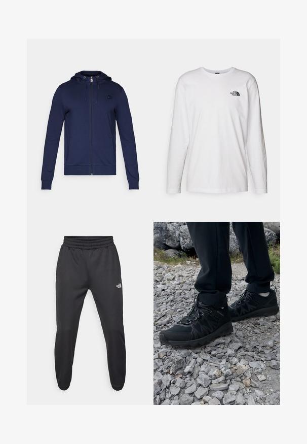 Námořnická modrá mikina s kapucí na zip vyrobená z měkké tkaniny. Má stahovací kapuci, dlouhé rukávy a dvě boční kapsy; obsahuje malou logo akcentaci.; Bílý dlouhý rukáv tričko vyrobené z bavlny s kulatým výstřihem. Na hrudi se nachází malé černé logo. Hladká textura, běžný střih.; Černé tepláky s nastavitelným pasem, zúženým střihem, elastickými manžetami a malým bílým logem na levém stehně, vyrobené z hladké tkaniny.; Černé venkovní boty z prodyšného a syntetického materiálu, s texturovaným svrškem, bezpečným šněrovacím systémem a robustní podrážkou, na skalnatém terénu.