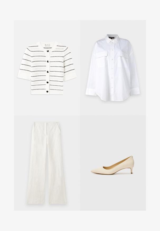 Weißer kurzärmliger Cardigan mit schwarzen horizontalen Streifen, Rundhalsausschnitt, Knopfverschluss und offenen Strickdetails.; Weißes Button-Up-Hemd aus Baumwolle, mit klassischem Kragen, zwei Brusttaschen und langen Ärmeln mit Manschetten. Glatte Textur.; Weite Leinenhose in Off-White, mit glatter Textur, vorderen Falten und Seitentaschen. Einfaches, schmuckloses Design.; Beige spitze Pumps aus glattem Synthetikmaterial, mit niedrigem Absatz und einem rutschfesten Design mit einem dezenten Rückendetail.