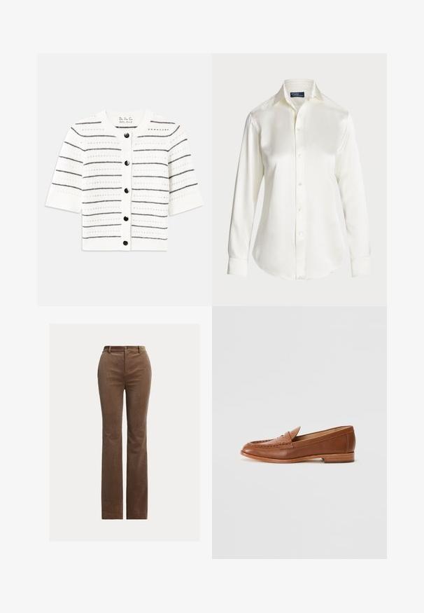 Gilet blanc à manches courtes avec des rayures horizontales noires, doté d'un col rond, de fermetures à boutons et de détails en tricot ouvert.; Chemise blanche à manches longues, en tissu lisse, avec un col classique et un léger éclat, dotée d'un ourlet arrondi et de détails de boutons.; Pantalon en velours côtelé marron avec une coupe droite, comportant des passants de ceinture, des poches avant et un léger relief vertical pour la texture.; Lauren Ralph Lauren WYNNIE - Chaussons - deep saddle tan