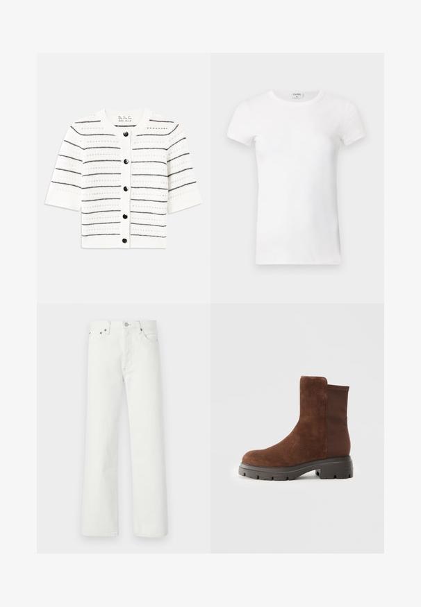 White short-sleeve cardigan with black horizontal stripes, featuring a round neckline, button closures, and open-knit details.; White ribbed short-sleeve T-shirt with a crew neck. The fabric appears smooth with a fitted silhouette. Branding label visible at the collar.; White denim jeans featuring a straight-leg cut, five-pocket design, and metal hardware accents on the waistband and pockets.; Brown suede ankle boot with elastic side panels, rounded toe, and a thick rubber sole featuring a textured tread pattern.