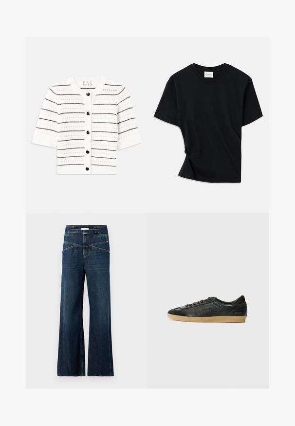 Cardigan scurt alb cu mâneci scurte și dungi negre orizontale, având un guler rotund, închidere cu nasturi și detalii din tricot deschis.; Tricou negru din bumbac moale, cu guler rotund, mâneci scurte și un design ușor răsucit pentru o potrivire confortabilă.; Blugi evazați din denim albastru închis, cu un talie înaltă, două buzunare frontale și detalii de cusătură contrastante.; Adidași negri din piele cu accente din suede, vârf rotund, talpă din cauciuc natural, șireturi plate și detalii cusute. Prezintă logo-ul mărcii pe călcâi.