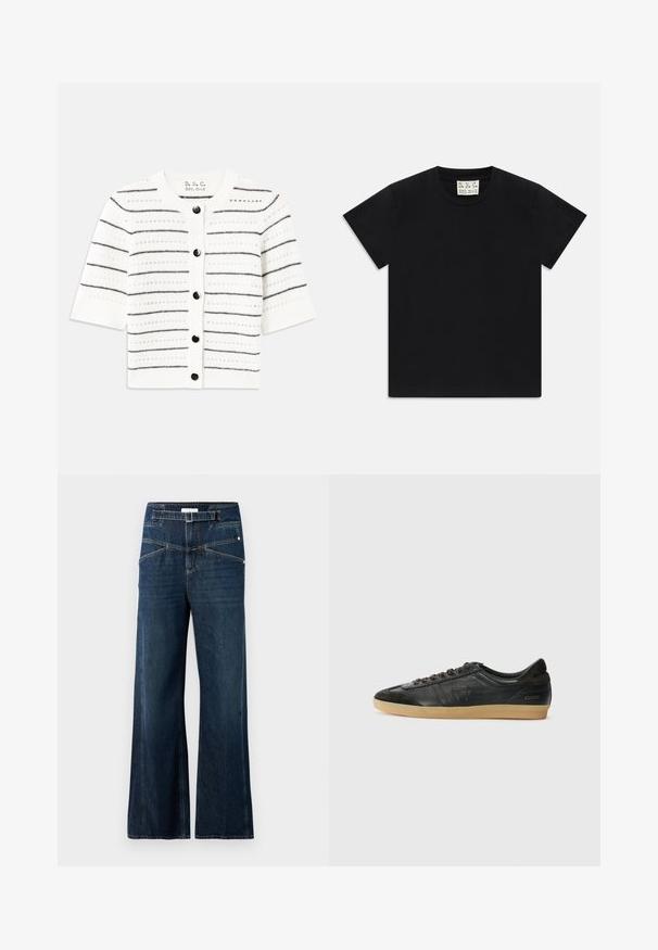 Cardigan blanco de manga corta con rayas horizontales negras, con cuello redondo, cierre de botones y detalles de punto abierto.; Camiseta negra de manga corta y cuello redondo con una etiqueta blanca en el interior del cuello que dice "D.R.C. EST. 2002" sobre un fondo blanco.; Jeans de pierna ancha hechos de denim azul oscuro, con una cinturilla alta, dos bolsillos frontales y detalle de costura en contraste.; Zapatillas de piel negra con acentos de ante, puntera redonda, suela de goma, cordones planos y detalles cosidos. Presenta el logo de la marca en el talón.