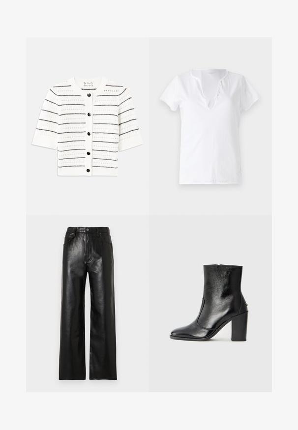 Gilet blanc à manches courtes avec des rayures horizontales noires, doté d'un col rond, de fermetures à boutons et de détails en tricot ouvert.; T-shirt en coton blanc à manches courtes, coupe décontractée et décolleté en V, avec un plastron orné de cinq boutons décoratifs.; Pantalon large en cuir noir avec une finition brillante, doté de poches avant, d'une braguette zippée et d'une fermeture par bouton. Texture lisse sur toute la surface.; Bottine en cuir noir, avec une texture lisse, un bout pointu et un talon chunky haut. Présente une ouverture sur le côté et un design minimaliste.