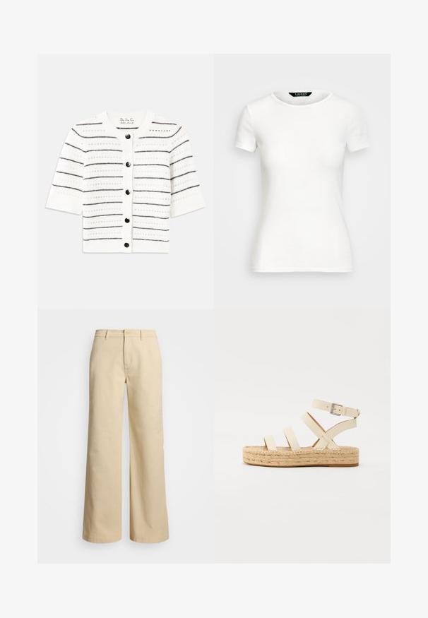 Bela kratka jakna s kratkimi rokavi in črnimi vodoravnimi črtami, ki ima okroglo izrez in gumbi za zaklepanje ter odprto pletenje.; Bela bombažna majica s kratkimi rokavi, okroglim ovratnikom, prilegajočim krojem in gladko teksturo. Oznaka logotipa na ovratniku.; Bež hlače širokih nogavic iz bombaža, z zadrgo in gumbom za zapiranje ter zadnjimi žepi. Gladka tekstura s čistim, minimalističnim dizajnom.; Svetlo bež usnjene espadrile s štirimi križnimi trakovi in paščkom okoli gležnja, ki imajo pleteni jute podplat ter raven gumijast dno.