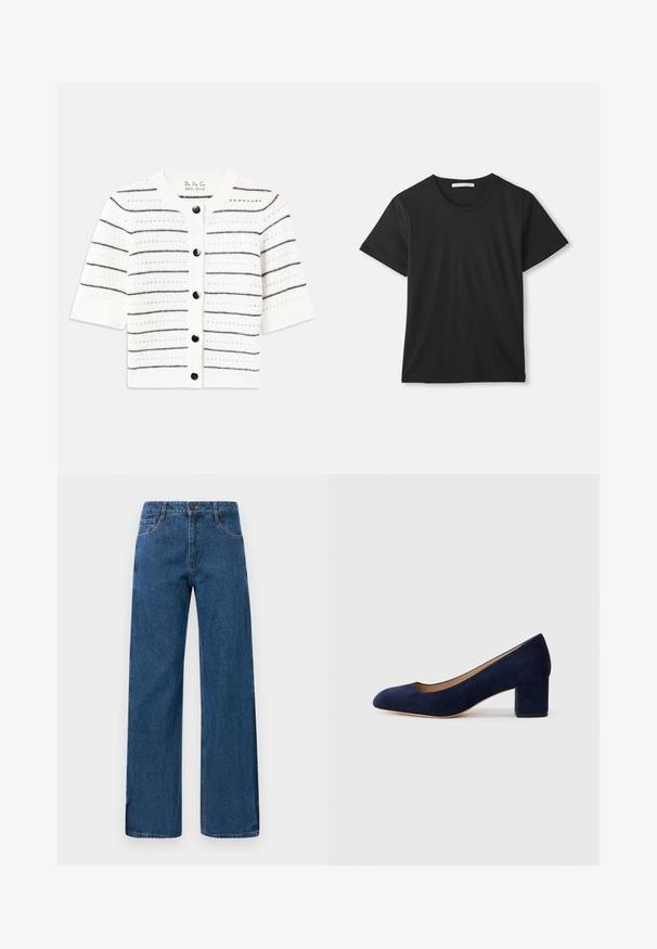 Bijela kratka kardigan s crnim horizontalnim prugama, s okruglim izrezom, zakopčavanjem na gumbe i otvorenim pletenim detaljima.; Crna pamučna majica kratkih rukava s okruglim izrezom, položena ravno na bijeloj pozadini, s vidljivom oznakom branda unutar ovratnika.; Plave hlače s visokim strukom i širokim nogavicama, s prednjim i stražnjim džepovima, zatvaranjem na gumbe i vidljivim šavovima na bijeloj pozadini.; Tamno plava suede salonka s šiljastim vrhom i blok petom srednje visine. Glatka tekstura s blagim sjajem i malim izrezom sprijeda.