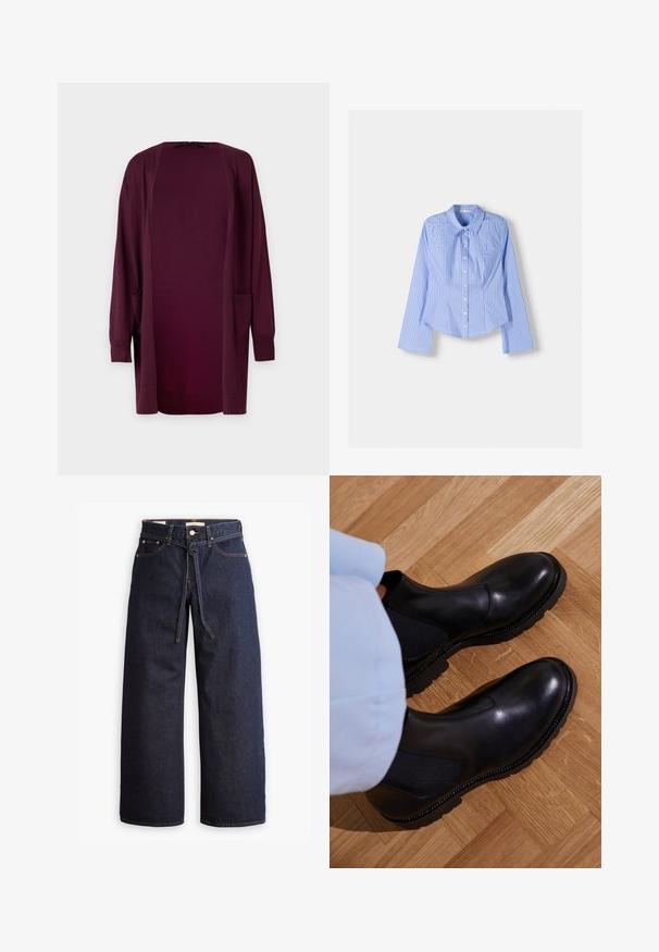 Vero Moda VMSILJE OPEN - Neuletakki - winetasting; Siniraitaiset sinivalkoiset pitkähihaiset nappipaidat, joissa on levitetty kaulus, istuva mitoitus ja kaareva helma. Kankainen puuvillamateriaali.; Korkeavyötäröiset tummansiniset leveälahkeiset farkut, joissa on narunauhakuja, viisi taskua ja kontrastiväriset ompeluseikat.; Musta nilkkurit, jotka on valmistettu sileästä nahasta, jossa on elastiset sivupaneelit, teksturoitu kumipohja ja kontrastivärinen ommel reunoilla.