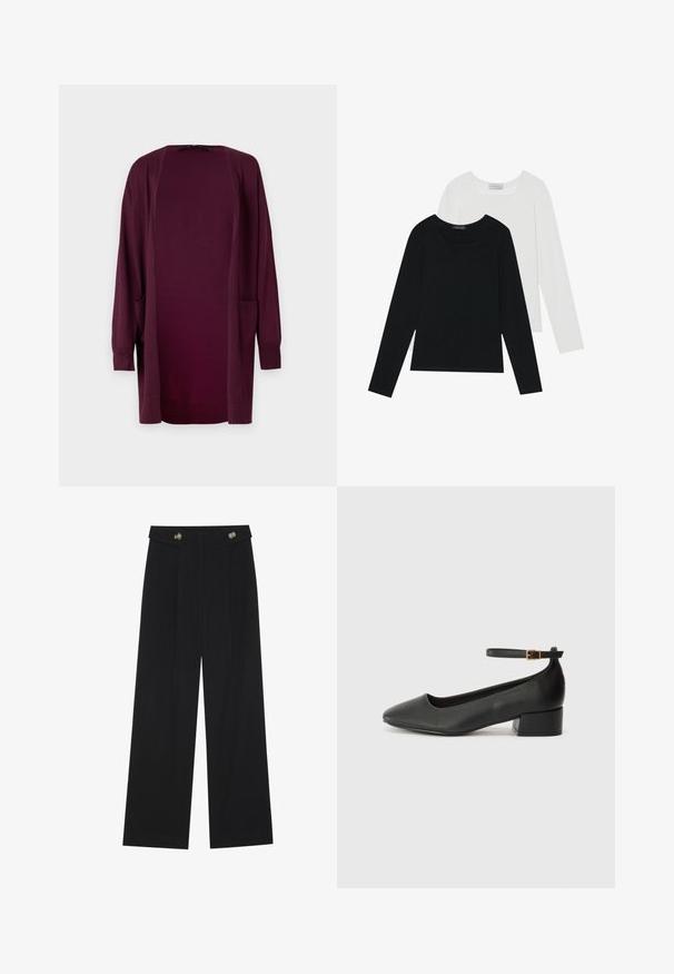 Vero Moda VMSILJE OPEN - Cardigan - winetasting; Două bluze cu mânecă lungă, una neagră și una albă, ambele având un guler pătrat și fiind confecționate dintr-un material moale și elastic.; Pantaloni negri cu picioare largi, talie înaltă, detalii cu butoane pe talie și pliseuri în față.; Pantof cu toc negru din piele, cu vârf ascuțit și toc mic pătrat. Dispune de o curea la gleznă cu o cataramă în tonuri de aur. Textură netedă.