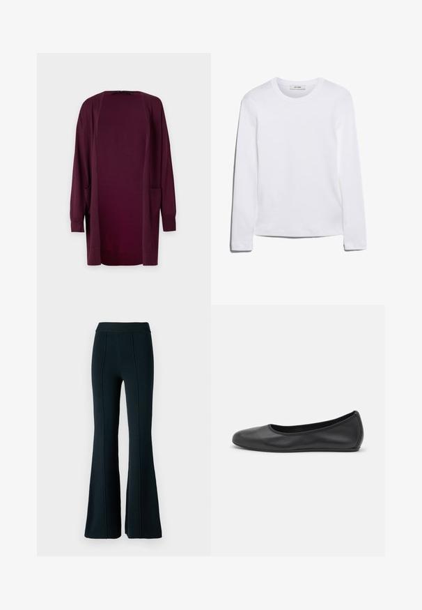 Vero Moda VMSILJE OPEN - Kardigan - winetasting; Bílé tričko s dlouhým rukávem vyrobené z žebrované bavlny, s kulatým výstřihem a rovnými lemy. Jednoduchý design bez vzorů nebo akcentů.; Černé kalhoty s rozšířenými nohavicemi, pružným pasem, textura látky a vertikálním švem. Vyznačují se přiléhavým vrškem a rozšířeným spodním designem.; Černé kožené baletní byty s kulatou špičkou, hladkou texturou, minimálními švy a flexibilním designem podrážky.
