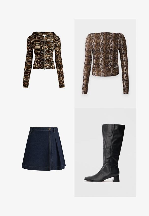 Kapuzensweatjacke im braun-schwarzen Wellenmuster. Hergestellt aus strukturiertem Stoff, verfügt sie über lange Ärmel und eine taillierte Passform.; Leopardgemustertes, langärmliges Crop-Top mit glatter Textur, in Braun- und Schwarztönen, und einem subtilen Logoakzent am Saum.; Jeansrock in Dunkelblau mit einem plissierten Design, sichtbaren Nähten und einem Knopfverschluss an der Taille. Verfügt über eine klassische A-Linie.; Schwarze Lederstiefel in Knöchelhöhe mit spitzer Zehe und Blockabsatz auf schlichtem, hellen Hintergrund.