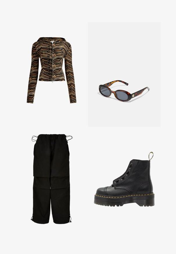 Mikina s kapucí na zip v hnědo-černém vlnitém vzoru. Vyrobena z texturované tkaniny, má dlouhé rukávy a přiléhavý střih.; Černý bavlněný top bez rukávů s kulatým výstřihem, širokými ramínky a přiléhavým střihem. Na něm se nachází bílá značka.; Černé kalhoty vyrobené z lehkého materiálu, s nastavitelným pasem a šňůrkovými lemy. Navrženy v volném, oversized střihu a s několika kapsami.; Černá kožená kotníková bota s texturovaným povrchem, kulatou špičkou, šněrovacím designem, žlutým prošíváním a silnou, vroubkovanou černou podešví.; Hnědé želvovinové sluneční brýle s oválnými čočkami a tmavě šedým zabarvením. Obsahují zlatý akcent na stranicích. Hladký plastový povrch.; Even&Odd Velká kabelka - black