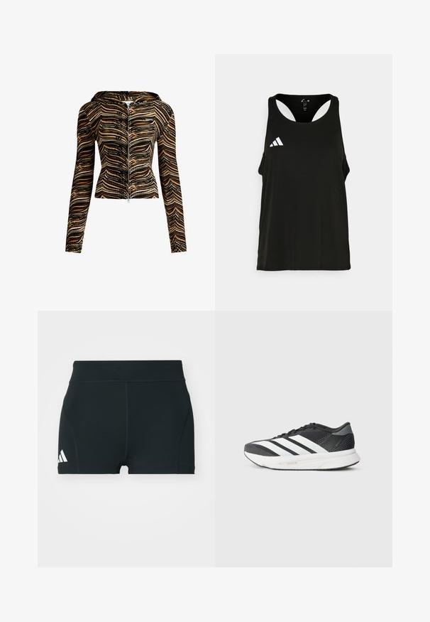 Džemper s kapuljačom na zip, u smešnom crnom i smešnom smešnom smešnom smešnom smešnom smešnom. Napravljen od strukturalnog materijala, ima duge rukave i kroj koji se dobro prianja.; Crni atletski top bez rukava s okruglim izrezom i otvorenim leđima. Sadrži bijeli Adidas logo na lijevoj strani prsnog područja. Mekana, lagana tkanina.; Crne atletske kratke hlače od rastezljivog materijala, s visokim strukom, prilagođenim oblikom i bijelim Adidas logotipom sa lijeve strane.; Crne atletske cipele s bijelim prugama, mrežastim gornjim dijelom, obloženim potplatom i modernim dizajnom. Akcenti sive boje na peti i jeziku.