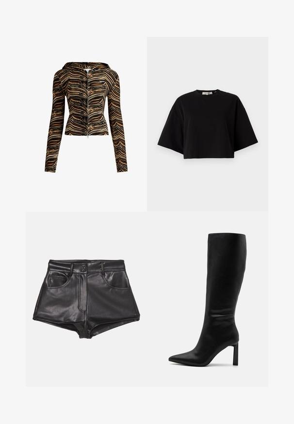 Hooded zip-up jacket in a brown and black wave pattern. Made of textured fabric, it features long sleeves and a fitted design.; Black cropped t-shirt made of cotton, featuring a round neckline and short, wide sleeves for a loose fit. Smooth texture, simple design.; Black faux leather shorts with a high waist, featuring two front pockets, visible stitching, and a smooth texture.; Even&Odd Boots - black