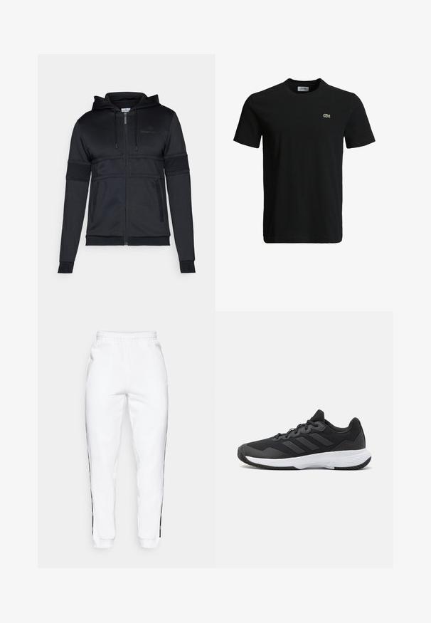 Sergio Tacchini MIHON TRACKTOP - Sudadera con cremallera - black; Camiseta de algodón negra con cuello redondo, mangas cortas y un pequeño logo de cocodrilo verde en el lado izquierdo del pecho. Textura suave, diseño casual.; Pantalones de chándal blancos con cintura elástica, que cuentan con franjas laterales negras y puños. Hechos de un tejido suave con una textura lisa.; Zapatilla deportiva negra con una parte superior texturizada, tres franjas horizontales y una suela blanca con un dibujo en su superficie. Diseño ligero y aerodinámico.