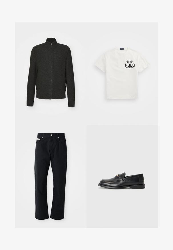 Dunkelgrauer gestrickter Pullover mit Reißverschluss, hohem Kragen, langen Ärmeln sowie gerippten Bündchen und Saum. Strukturierter, mittelstarker Stoff.; Weißes Baumwoll-T-Shirt mit Rundhalsausschnitt, das auf der linken Brust ein schwarzes "Polo Motorsport"-Logo und gekreuzte Zielflaggen zeigt.; Schwarze Baumwollhosen mit geradem Bein, fünf Taschen, silbernen Akzenten und einer subtilen strukturierten Oberfläche.; Schwarze Lederloafers mit runder Zehenform, genähten Details und einem kleinen goldenen Akzent an der Vorderseite. Die Sohle ist flach und unauffällig.