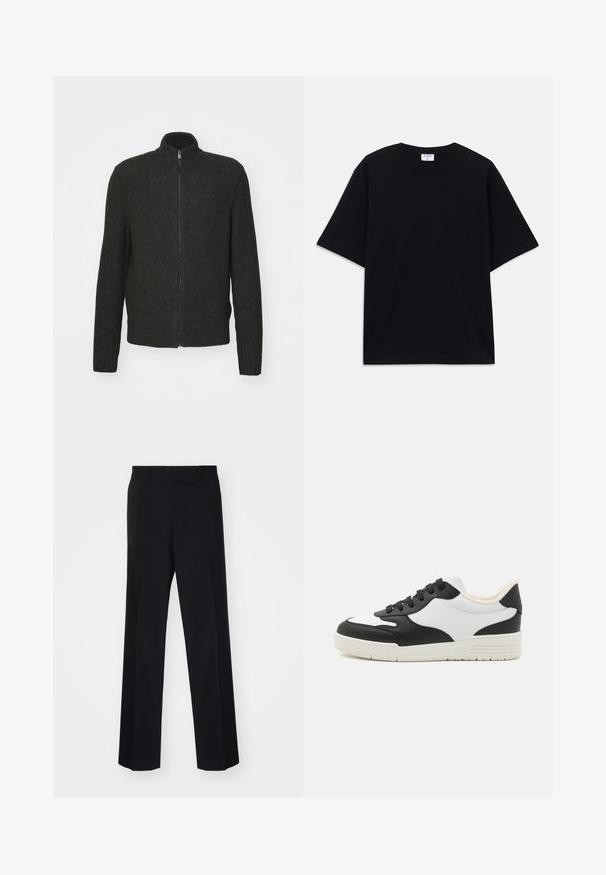 Sötét szürke kötött pulóver cipzáras záródással, magas gallérral, hosszú ujjakkal, bordázott mandzsettákkal és aljjal. Strukturált, közepes vastagságú anyag.; Fekete, rövid ujjú, oversize póló kerek nyakkivágással és látható Filippa K márkacédulával a gallér belső részén.; Fekete, széles szárú, szabott nadrág sima textúrával és éles redőkkel, szőtt anyagból készült.; Fekete és fehér sportcipő sima bőrből készült felsőrésszel, lekerekített orral és lapos gumitalppal. Jellemzője a fekete fűző és a puha bélés.