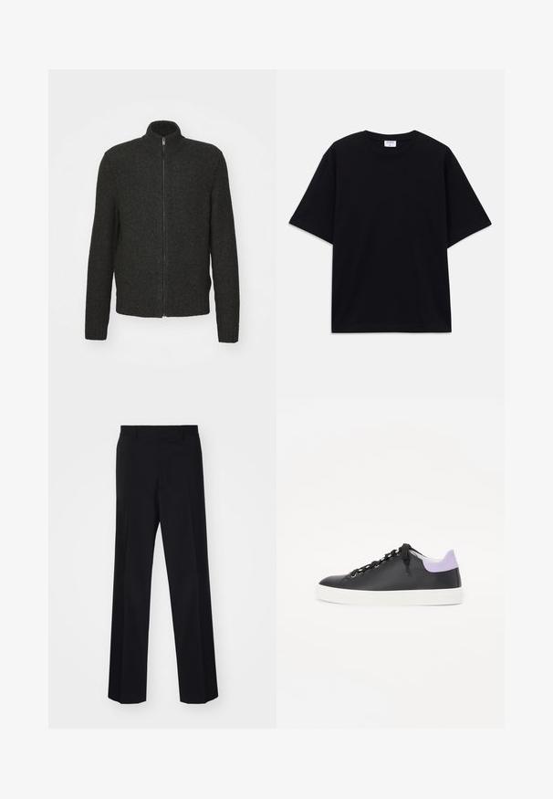 Tamsiai pilkas megztinis su užtrauktuku, aukštu apykakle, ilgomis rankovėmis ir iškilnių juostų apykaklėmis bei apačia. Tekstūruota, vidutinio storio medžiaga.; Juodas trumpas rankovėmis per didelis marškinėliai su apvaliu iškirpimu ir matoma Filippa K prekės ženklo etiketė vidinėje apykaklės pusėje.; Juodos prisiūtos kelnes su plačiomis kojomis, turinčios sklandų paviršių ir aštrius raukšles, pagamintas iš audinio.; Juoda odinė sportinė avalynė su balta guma, turi juodas raišteles, sidabrinius akutus ir šviesiai violetinį akcentą ant kulno.