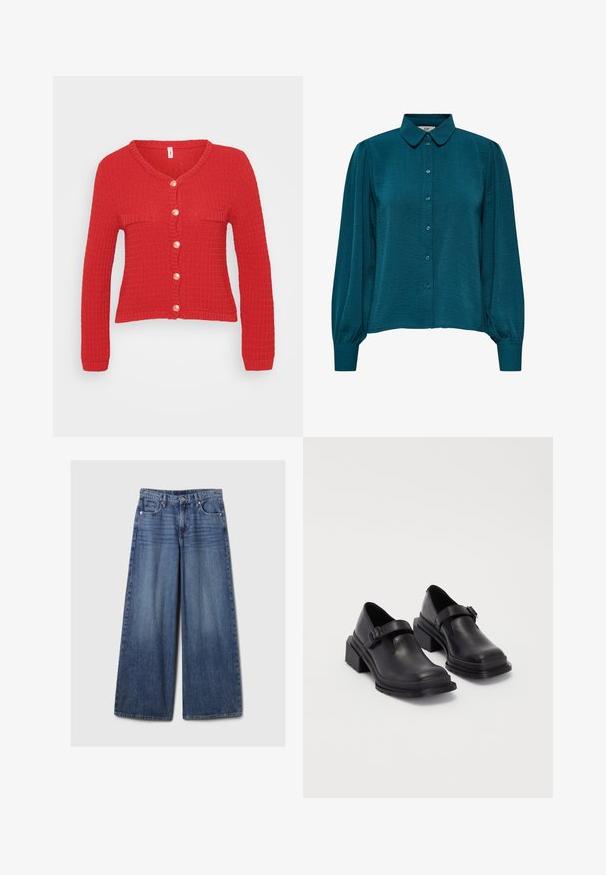 Cardigan tricotado vermelho com decote em V, mangas longas e fechamento de botão, apresentando seis botões redondos de cor creme e dois bolsos planos.; Blusa verde-água com decote de colarinho, frente com botões e mangas longas. Feita de tecido texturizado com punhos franzidos.; Calças de ganga azul de perna larga com um acabamento desbotado, apresentando um fecho de botão e zipper, cinco bolsos e passantes para cinto.; Sapatos de couro pretos com um bico redondo, sola plana e uma fita com detalhe de fivela. Salto bloco robusto para maior estabilidade.