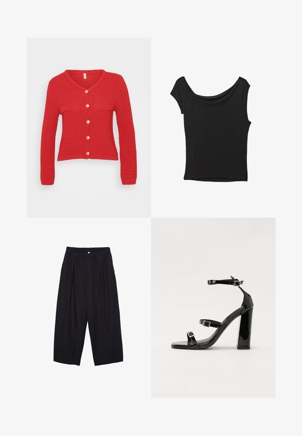 Rdeča pletena jopica z V-izrezom, dolgimi rokavi in gumbi za zapiranje, ki vsebuje šest okroglih kremnih gumbov ter dve ravni žep.; Črna kratka majica s kratkimi rokavi iz gladkega blaga; ima drapiran izrez in asimetrično spodnjo rob, s prilegnjenim telesom.; Črne poliesterske culotte hlače z elastičnim pasom, dvema sprednjima nabiranjema in ohlapnim krojem. Brez vidnih vzorcev ali kovinskih detajlov.; Črne lakirane sandale s peto, kvadratnim prstom, trakovi okrog gležnja in srebrnimi zaponkami. Opremljene so s stabilno Debelo peto.