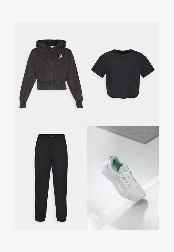 Lühike must kapuutsiga sviiter, millel on eesnepits, nöör ja ees taskud. Vasakpoolsel rinnal on väike valge Championi logo. Pehme tekstuur.; Must mustrinda mustel t-särk, mis on valmistatud pehmest materjalist, ümmarguse kaelusega, lühikeste varrukatega ja mugava lõikega. Peened õmblusdetailid.; Champion C-TECH CUFFED PANTS INTERLOCK - Dresside alumine osa - black; Heledad hallitushallide spordijalanõud tekstuurse kudumise ülaosaga, mündiroheline aktsent, valged nöörid, kummist tald ja tõmblõng kandmisel.