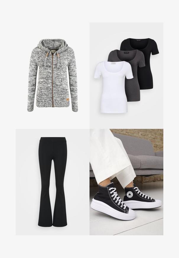 Grå og hvit strikket hettegenser med glidelås, snor og brune skinndetaljer. Ribbet mansjetter og hem. Lågetagg på nedre side.; Tre figurerte T-skjorter i hvit, grå og svart. Hver har en bred scoop-nakke og korte ermer. Laget av glatt, elastisk stoff.; Svarte flared bukser laget av elastisk stoff, med høy midje og en glatt tekstur. Buksene vidder ut fra kneet.; Svarte høye sneakers med hvite gummisåler og lisser. Har et rundt logo-merke og kontrasterende hvite sømmer. Laget av lerret.