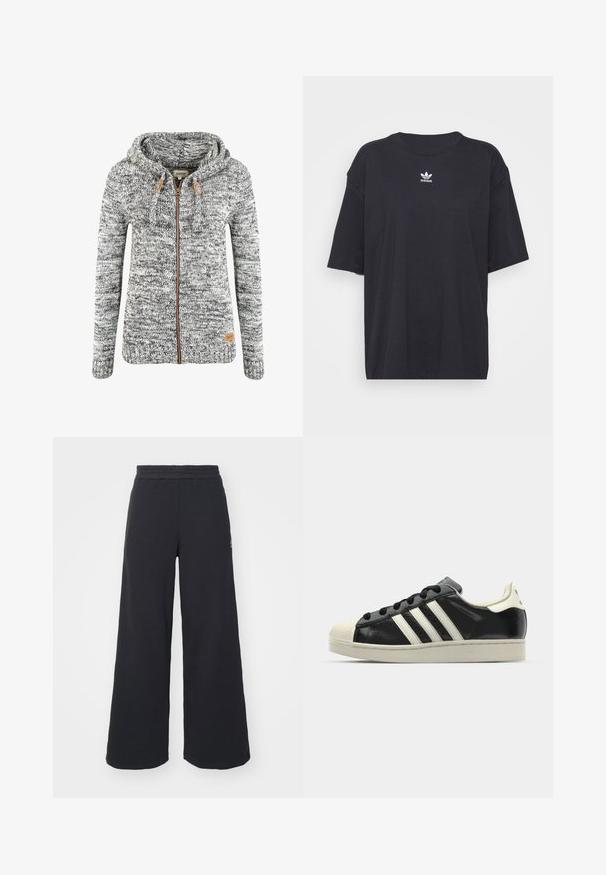 Gray and white knitted hoodie with a zipper, drawstring, and brown leather accents. Ribbed cuffs and hem. Logo tag on lower side.; Black cotton t-shirt with short sleeves, round neckline, features a white Adidas logo on the chest. Simple design, relaxed fit.; Black wide-leg sweatpants made from soft fabric, featuring an elastic waistband and a small logo on the left side.; Black leather sneaker with white stripes, rubber toe cap, black laces, and a cream-colored outsole. Smooth texture with shiny finish.