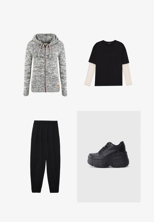 Szara i biała swetrowa bluza z kapturem na zamek, z sznurkiem i brązowymi skórzanymi akcentami. Żebrowane mankiety i dół. Metka z logo po dolnej stronie.; Czarny T-shirt wykonany z bawełny, z krótkimi rękawami na białej warstwie z długim rękawem z delikatnym teksturowanym wzorem. Projekt z okrągłym dekoltem.; Czarne, lekkie spodnie z elastycznym pasem i ściągaczami na kostkach. Materiał jest gładki i ma luźny, zwężany krój.; Czarne sznurowane trampki z masywną podeszwą, z gładkim skórzanym wierzchem, zaokrąglonym noskiem i wyraźnym, warstwowym designem platformy.
