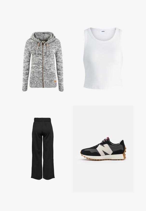 Šedá a bílá pletená mikina s kapucí, na zip, stahovací šňůrkou a hnědými koženými akcenty. Hladké manžety a lem. Logo štítek na spodní straně.; Bílý žebrovaný top na ramínka se kulatým výstřihem, bez rukávů a zkrácenou délkou. Název značky je "JJXX." Hladká struktura látky.; Černé široké kalhoty s elastickým pasem, vyrobené z hladkého materiálu. Disponují čistým designem bez kapes nebo viditelných švů.; Černé a šedé semišové tenisky s velkým krémovým logem "N", fialovými tkaničkami a strukturovanou gumovou podrážkou.
