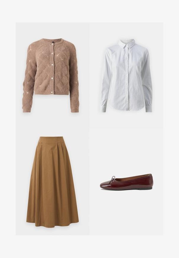 Brązowy sweter z dzianiny w romby, okrągły dekolt i zapięcie na guziki. Cechuje się miękką fakturą i ściągaczami przy rękawach.; Biała koszula zapinana na guziki, wykonana z gładkiej bawełny, z klasycznym kołnierzykiem, długimi rękawami i zaokrąglonym dołem. Guziki są małe i białe.; Brąskowa bawełniana spódnica w kształcie litery A z wysokim stanem, z plisami z przodu i gładką fakturą. Wykończenia dołu są czyste i proste.; Bordowe baleriny z lakierowanej skóry z zaokrąglonym noskiem, małą kokardką z przodu oraz niską, czarną gumową podeszwą. Gładka tekstura.