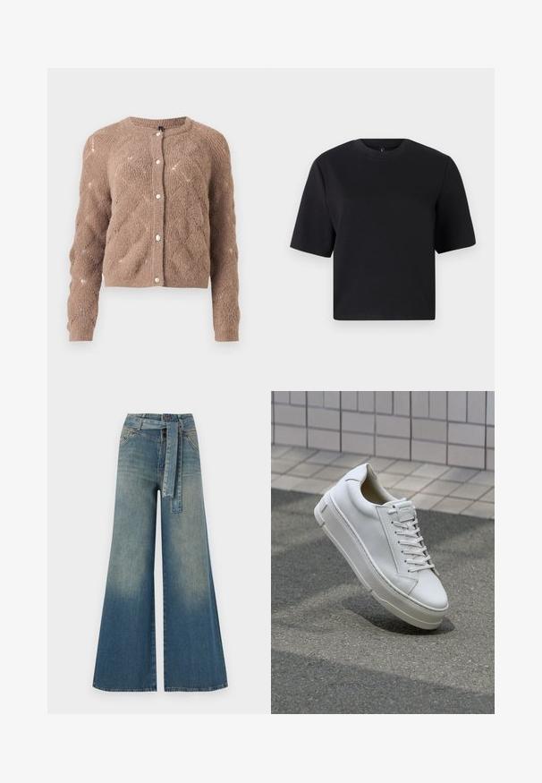 Rjav pleteni kardigan z diamantom, okroglo izrezano in z gumbi spredaj. Ima mehko teksturo in rebraste manšete.; Črna kratka majica s kratkimi rokavi, okroglo izrezana, izdelana iz gladkega bombažnega materiala; udoben kroj, minimalističen dizajn, brez vidnih vzorcev ali dodatkov.; Široke jeans hlače z gradientom od svetlo do temno modre, visokim pasom, zankami za pas in pasom iz istega materiala. Tekstura denim končnica.; Beli usnjeni športni copat z nizkim dizajnom, ravnimi vezalkami, zaobljenim nosom in teksturiranimi stranicami. Debel gumijast podplat z diskretnimi poudarki.