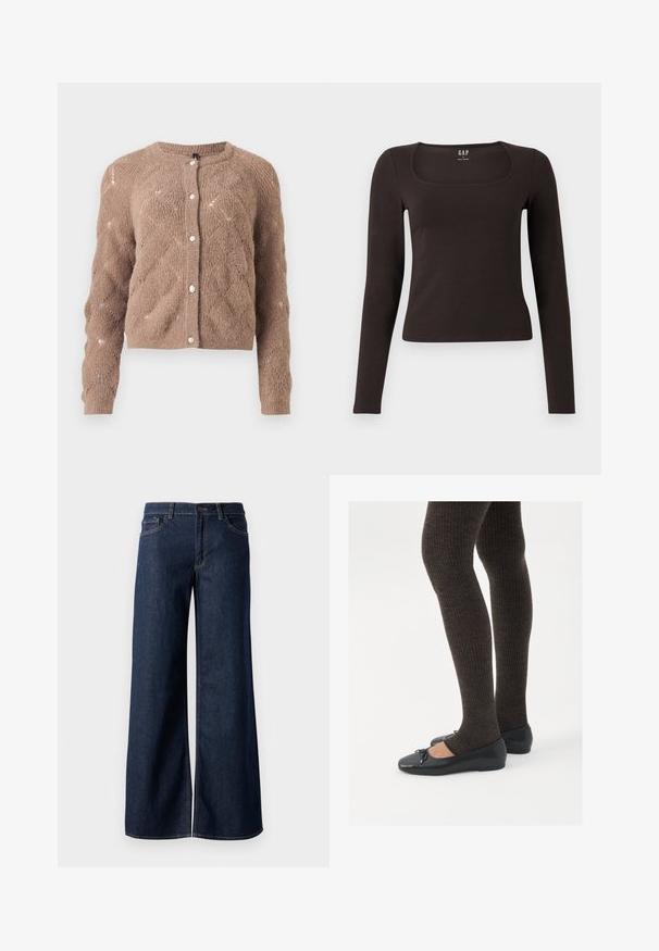 Cardigan en tricot marron avec un motif en losanges, col rond et fermeture à boutons. Présente une texture douce et des poignets côtelés.; Haut noir à manches longues, ajusté, avec un décolleté carré, étiqueté GAP, affiché sur un fond blanc.; Jean large en denim bleu foncé. Présente des coutures contrastées, cinq poches et une fermeture par bouton à la taille. Texture lisse.; Chaussures plates noires avec un petit nœud au niveau des orteils, associées à des collants côtelés marron foncé. Les chaussures ont une texture lisse et un profil bas.