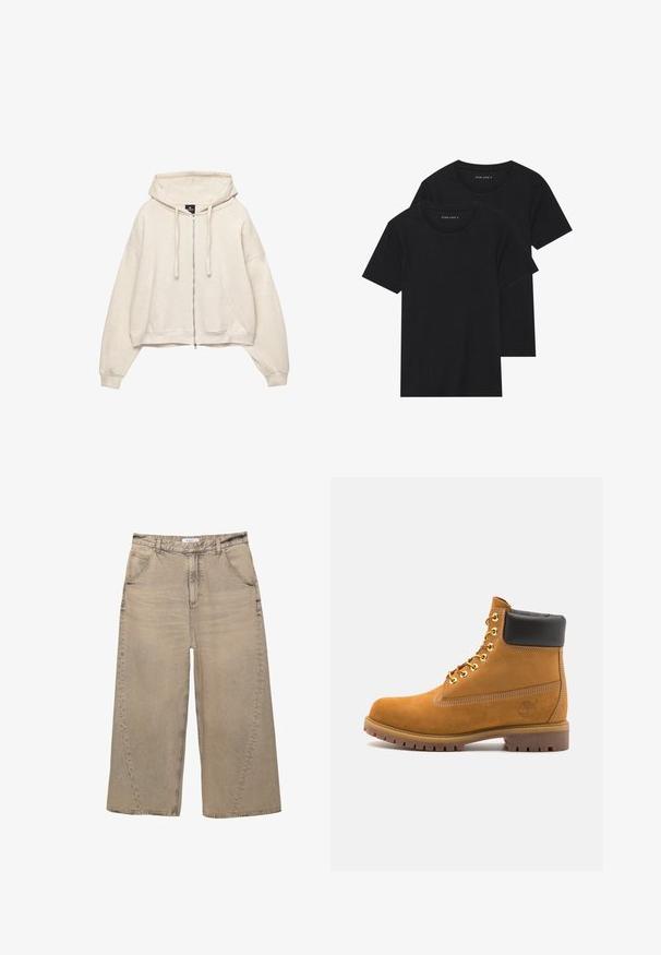 Cremfarbener Reißverschluss-Hoodie mit Kordelzugkapuze, lockerer Passform und vorderer Kängurutasche. Hergestellt aus weichem, strukturiertem Stoff.; Zwei schwarze Baumwoll-T-Shirts mit kurzen Ärmeln, runden Ausschnitten und einer glatten Textur, übereinander gestapelt.; PULL&BEAR MEGA BAGGY - Baggy Jeans - light grey; Beige Wildleder-Ankle-Boot mit schwarzem gepolstertem Kragen, goldenen Metallösen, weißen Nähdetalben und einer robusten Gummisohle mit ausgeprägtem Profil.