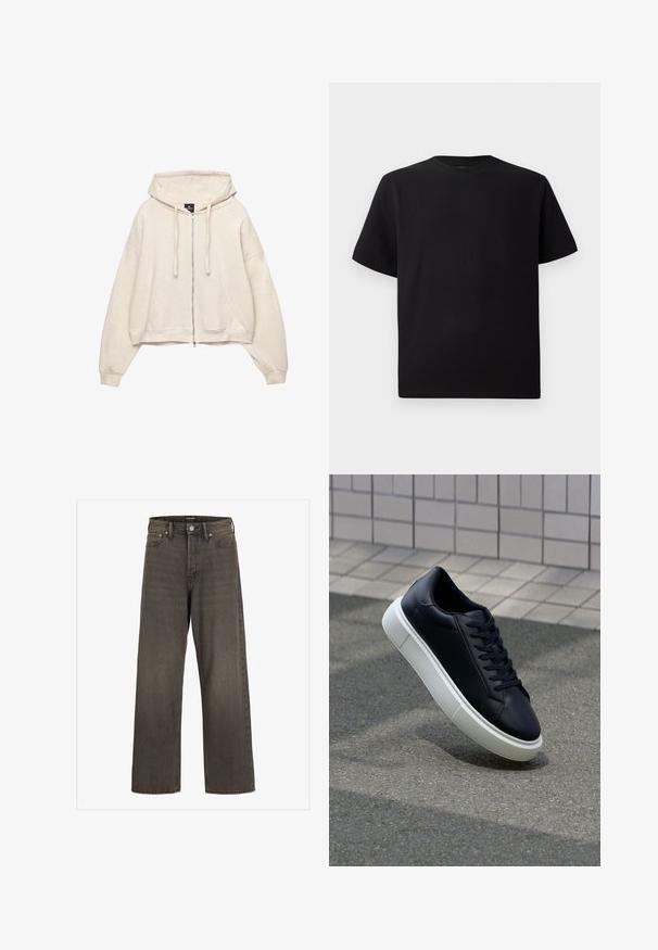 Kremeni dukserica s patentnim zatvaračem, sa kapuljačom na vezanje, oversized kroja i prednjim kengurskim džepom. Izrađena od mekog, teksturiranog materijala.; Crna majica kratkih rukava od teksturiranog materijala, s okruglim izrezom i opuštenim krojem. Jednostavna, bez uzoraka ili naglasaka.; Široke traperice u tamnosivom denimu, s visokim strukom, klasičnim dizajnom s pet džepova i kontrastnim šavovima duž šavova.; Crne kožne tenisice s zaobljenim vrhom i bijelim gumiranim potplatom. Imaju ravne vezice i minimalno šivanje na gornjem dijelu. Teksturirani potplat za bolje prianjanje.