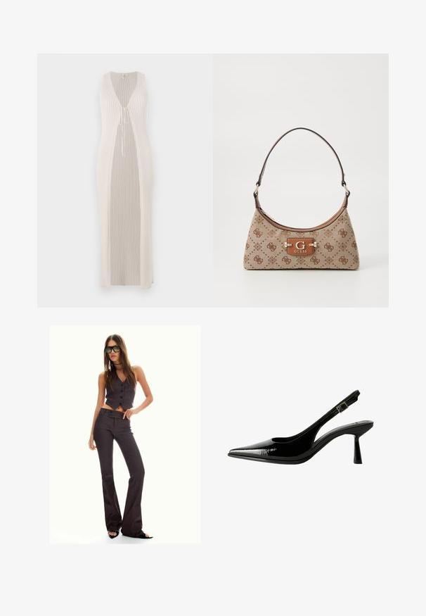Ženské dlhé biele šaty s rebrovanou textúrou, hlbokým výstrihom do V a predným viazaním, s bočnými otvormi pre voľný siluetu.; Biely top s dlhými rukávmi a výstrihom do lodičky. Vyrobený z jemného materiálu, má rozšírené rukávy a rovný lem, ponúkajúci jednoduchý a všestranný dizajn.; Hnedý pruhovaný skrátený zest a rozšírené nohavice, obsahujúce gombíky a textúrovanú látku. Čierne otvorené topánky a nadmerné slnečné okuliare.; Čierne lakované kožené slingback lodičky s špicatou špičkou, vyrezávanými bokmi, nastaviteľným remienkom okolo členka a tenkým, elegantným podpätkom.; Taška cez rameno z béžovej tkaniny s hnedými vzorovanými akcentmi. Má zakrivený tvar, jedno ramenné ucho a prednú značkovú plaketu so striebornými kovovými prvkami.