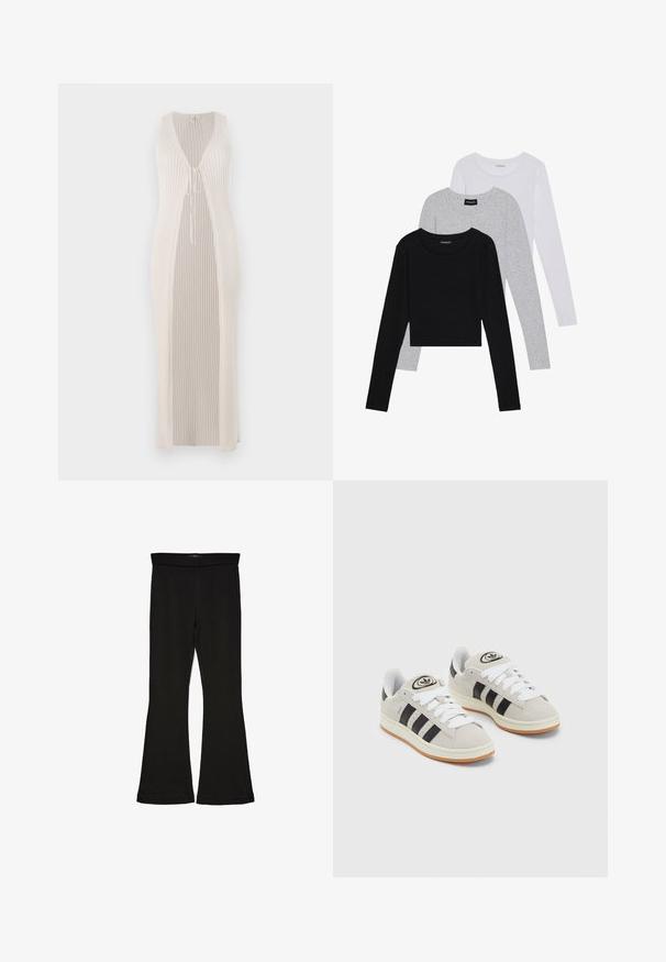 Raištinė, ilga balta suknelė su giliu V formos iškirpimu ir priekyje rišama uždanga, turinti šonines angas, sukurianti laisvą siluetą.; Trijų ilgomis rankovėmis marškinėlių krūva: juodas, pilkas ir baltas. Kiekvienas turi apvalų iškirpimą ir trumpą dizainą, pagamintas iš lygaus, lengvo audinio.; Juodos flared tipo legginsai, pagaminti iš tamprios medžiagos. Yra platus juosmuo ir lygus paviršius, su prie kūno priglundančiu siluetu, kuris pločiasi ties apatine dalimi.; Grynos zomšos sneakeriai su baltais raišteliais, juodomis juostelėmis ir balta gumine sole. Turintys apskritą logotipą ant liežuvėlio ir guminę sole.