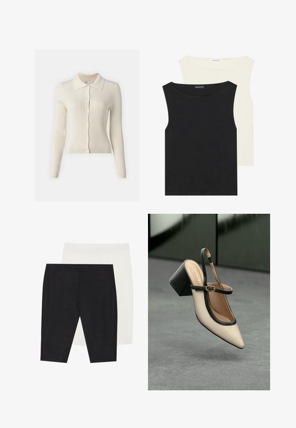 Rebrasti krem kardigan s ovratnikom, dugih rukava i kopčanjem sprijeda. Materijal je lagan i teksturiran.; Crne i kremaste bezrukavne majice od pamuka, s okruglim izrezima i glatkom teksturom, složene s vidljivim etiketama.; Dva para prilagođenih tajica: jedan od rebraste crne tkanine, a drugi od glatke bijele. Oba imaju elastične pojasove i besprijekorne dizajne.; Bež cipele s otvorenom petom i šiljastim vrhom, crnim obrubom, zlatnom kopčom i debelim blok-petom na sivom podu s tamnozelenom pozadinom.