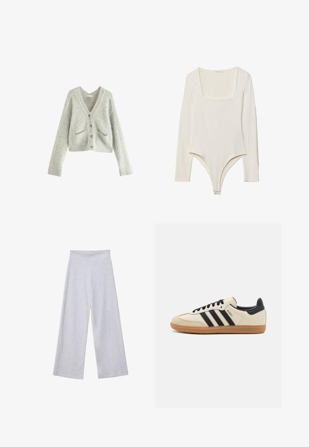 Svetle šedý zkrácený kardigan vyrobený z měkké, texturované látky. Má hluboký V-výstřih, pět knoflíků a dvě přední kapsy.; Bodysuit s dlouhým rukávem v jemné smetanové barvě, s čtvercovým výstřihem, hladkým povrchem a patentkami v rozkroku pro snadné oblékání.; Světle šedé kalhoty s širokými nohavicemi a vysokým pasem. Vyrobené z měkké látky, s hladkým povrchem a volným střihem pro pohodlí.; Beige sportovní obuv s černými pruhy, gumovou podešví a černými akcenty. Disponuje hladkým koženým svrškem a zaobleným tvarem špičky.