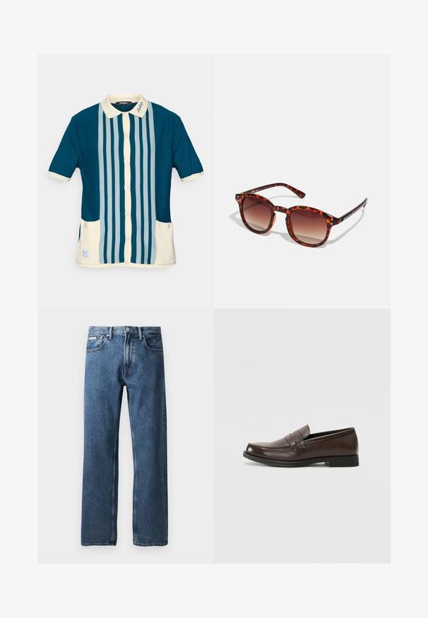 Short-sleeve polo shirt in dark teal with light blue vertical stripes. Features a cream-colored collar and two front pockets.; White long-sleeve shirt made of cotton. Features a button-down collar, front buttons, and a straight hem. No patterns or accents.; Blue straight-leg denim jeans with a high waist, button and zip closure, front pockets, and a small white brand label on the right pocket.; Brown leather loafer with a rounded toe, decorative stitching, and a small, flat heel. Smooth texture with understated design elements.; Tortoiseshell sunglasses with gradient brown lenses, rounded shape, and black temple accents; features two small metal studs near the lenses.; Black leather crossbody bag with a flap, two silver buckles, yellow stitching, and an adjustable strap. Features a smooth texture and compact design.
