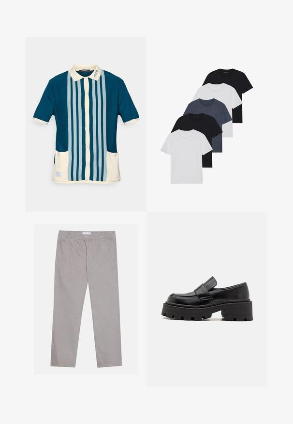 Short-sleeve polo shirt in dark teal with light blue vertical stripes. Features a cream-colored collar and two front pockets.; Set of five t-shirts in black, white, and navy blue. Cotton fabric, short sleeves, crew neck design, and plain texture with no patterns.; Light gray cotton pants with an elastic waistband, two side pockets, straight leg design, and a smooth texture. Simple stitching detail.; Black leather loafers with a chunky rubber sole, featuring a raised platform and a strap across the instep. Smooth texture and rounded shape.