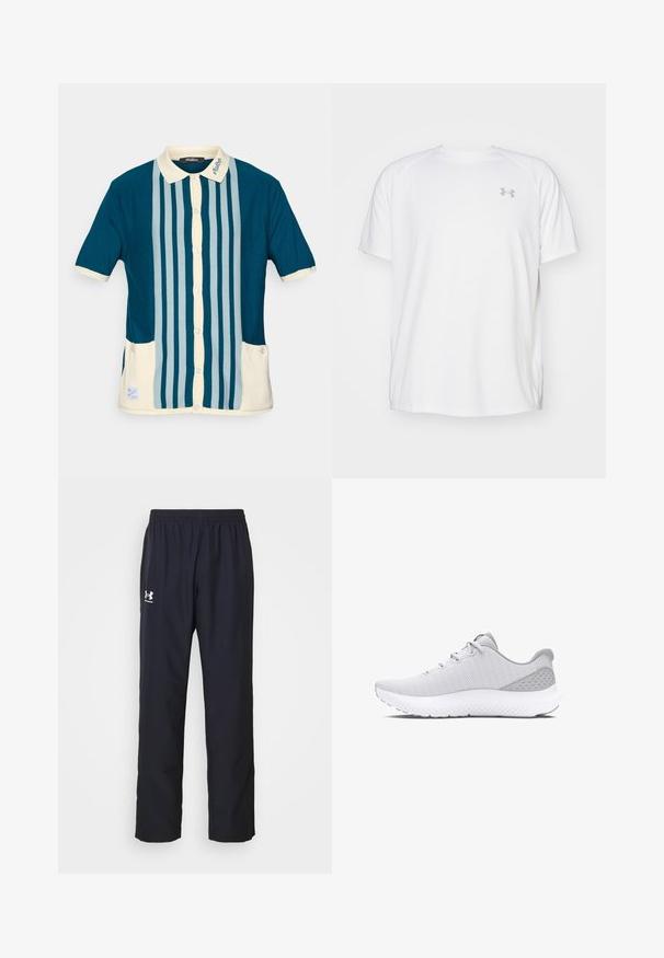Kurzarm-Poloshirt in dunklem Teal mit hellblauen vertikalen Streifen. Mit einem cremefarbenen Kragen und zwei Brusttaschen.; Weißes kurzärmeliges Sportshirt aus glattem Material. Mit Rundhalsausschnitt und grauem Logo auf der linken Brust, sowie seitlichen Schlitzen am Saum.; Schwarze Sporthose aus synthetischem Material, mit einem elastischen Bund und dem weißen Under Armour-Logo auf dem linken Oberschenkel.; Helle graue Sportschuh mit einem strukturierten Mesh-Obermaterial, abgerundetem Zehenbereich, gepolstertem weißen Zwischensohlenelement und minimalistischem Design mit gemusterten Akzenten.