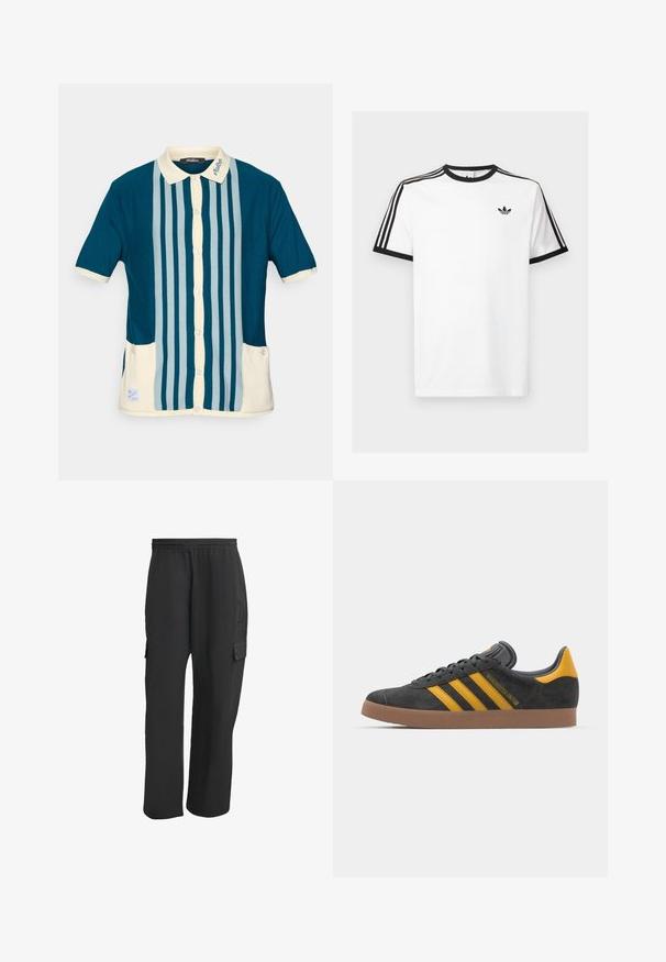 T-paita lyhyillä hihoilla tummansinisenvihreänä, jossa on vaaleansiniset pystysuorat raidat. Yksityiskohtana kermanvärinen kaulus ja kaksi etutaskua.; Valkoinen puuvillapaita, jossa on mustat ribbiääriviivat kauluksessa ja hihoissa, ja kummassakin olkapäässä kolme mustaa raitaa sekä pieni logo rinnassa.; Mustat cargo-housut, joissa on elastinen vyötärö, sivutaskut, vapaa istuvuus ja teksturoitu kangas. Suunniteltu mukavuutta ja käytännöllisyyttä varten.; Mustat samettiset tennarit, joissa on keltaisia yksityiskohtia, kolmonen raita ja ruskea kumipohja. Sisältää pehmustetun kielisen mukavuutta varten.