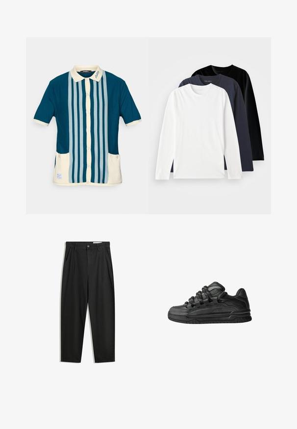 Koszula polo z krótkim rękawem w ciemnym odcieniu zieleni z jasnoniebieskimi pionowymi paskami. Posiada kremowy kołnierzyk oraz dwie przednie kieszonki.; Trzy koszulki z długim rękawem ułożone jedna na drugiej: jedna biała, jedna ciemnogranatowa i jedna czarna. Wykonane z gładkiej bawełny, posiadają okrągłe dekolty i boczne rozcięcia.; Czarne bawełniane spodnie o luźnym kroju, z klasycznym pasem, przednimi plisy oraz bocznymi kieszeniami. Gładka struktura, bez wzorów.; Czarne sneakersy z gładką skórzaną cholewką, teksturowanymi akcentami i okrągłymi czarno-białymi sznurowadłami. Gruba gumowa podeszwa z wzorzystym bieżnikiem.