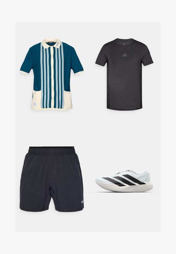 Tumedale roheline lühikeste varrukatega polosärk, millel on helesinised vertikaalsed triibud. Omab kreemivärvi kraed ja kahte esist taskut.; Must have lühikeste varrukatega must spordipoliester, valmistatud hingavast kangast. Omab rinnal peene logo ja tekstuurseid küljeaktsente.; Mustad lühikesed püksid, elastse vöökohtaga, valmistatud siledast ja kergest kangast, väikese logoga alumisel paremal küljel.; Kerged jooksujalatsid helesinises värvuses mustade triipudega. Omavad siledat pealispinda, ümarat varvase osa ja paksu valget vahemõõtu, millel on silt "LIGHTSTRIKE PRO".