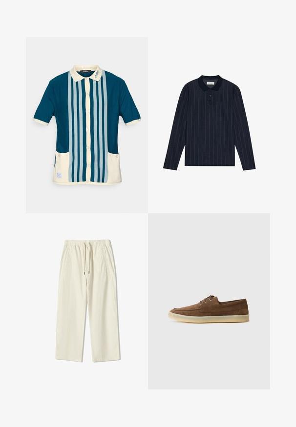 Polo a maniche corte di colore verde scuro con strisce verticali azzurre chiare. Presenta un colletto color crema e due tasche frontali.; Polo a maniche lunghe di colore navy con collo a camicia, caratterizzato da sottili righe verticali e una chiusura con tre bottoni. Tessuto morbido.; Pantaloni ampi di colore crema, leggeri, con vita elasticizzata, coulisse regolabile e due tasche laterali. Tessuto testurizzato.; Scarpe in suede marrone con profilo basso, design con lacci, suola in gomma e dettagli di cucitura a contrasto. Stile semplice e funzionale.