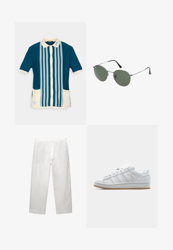 Kurzarm-Poloshirt in dunklem Teal mit hellblauen vertikalen Streifen. Mit einem cremefarbenen Kragen und zwei Brusttaschen.; Weißes Baumwoll-T-Shirt mit kurzen Ärmeln, Rundhalsausschnitt und lässigem Schnitt. Glatte Textur ohne sichtbare Muster oder Akzente.; Weiße Leinenhose mit elastischem Bund und Kordelzug, weitem Bein-Design und sauberen Nähten. Glatte Textur mit lässiger Passform.; Weiße Sneaker mit durchbrochenem Drei-Streifen-Design, strukturierten Akzenten, einer Gummisohle und dem goldenen "CAMPUS"-Logo an der Seite.; Metallgestellte Sonnenbrille mit ovalen grünen Gläsern. Dünner silberner Metallrahmen und schwarze Ohrstücke. Minimalistisches Design, keine sichtbaren Logos.