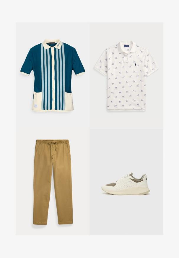 Πόλο μπλούζα κοντό μανίκι σε σκουροτίρκουαζ απόχρωση με ανοιχτό μπλε κάθετες ρίγες. Διαθέτει κολάρο σε κρέμα απόχρωση και δύο μπροστινές τσέπες.; Λευκό polo μπλουζάκι από βαμβάκι, με επαναλαμβανόμενο μπλε σχέδιο σκύλων και μικρό μπλε λογότυπο στο στήθος. Κοντά μανίκια και γιακάς.; Καφέ παντελόνια με ίσια γραμμή, ελαστική μέση και κορδόνι στη μέση, που διαθέτουν πλαϊνές σχισμές στα μπροστινά τους τσέπες και ραμμένα τελειώματα.; Λευκό και ανοιχτό μπεζ αθλητικό παπούτσι, με επάνω μέρος από διχτυωτό υλικό, διακοσμήσεις με περφορέ και υφή στην ενδιάμεση σόλα με επωνυμία στη φτέρνα.